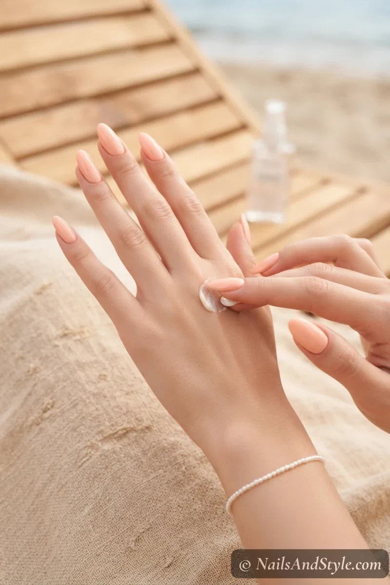 Hand applying sunscreen carefully avoiding nail edges
