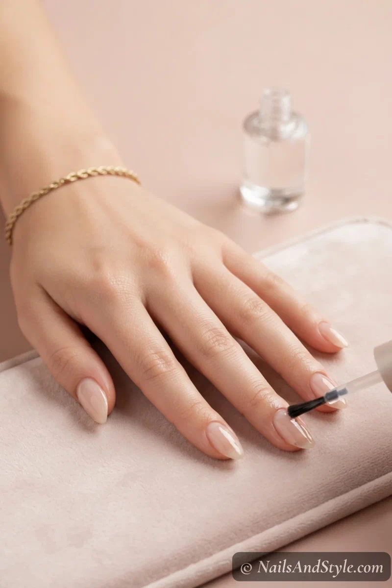 Clear base coat being applied to natural nails before color