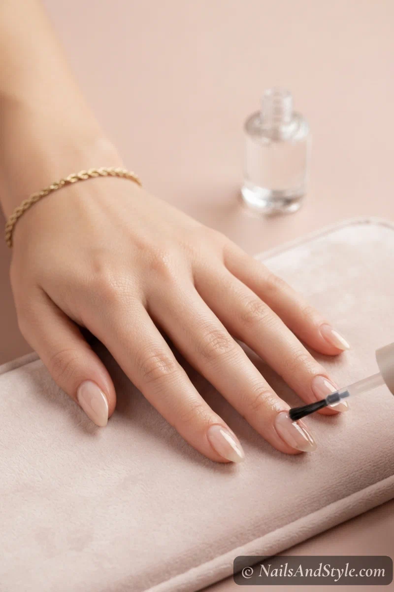 Clear base coat being applied to natural nails before color