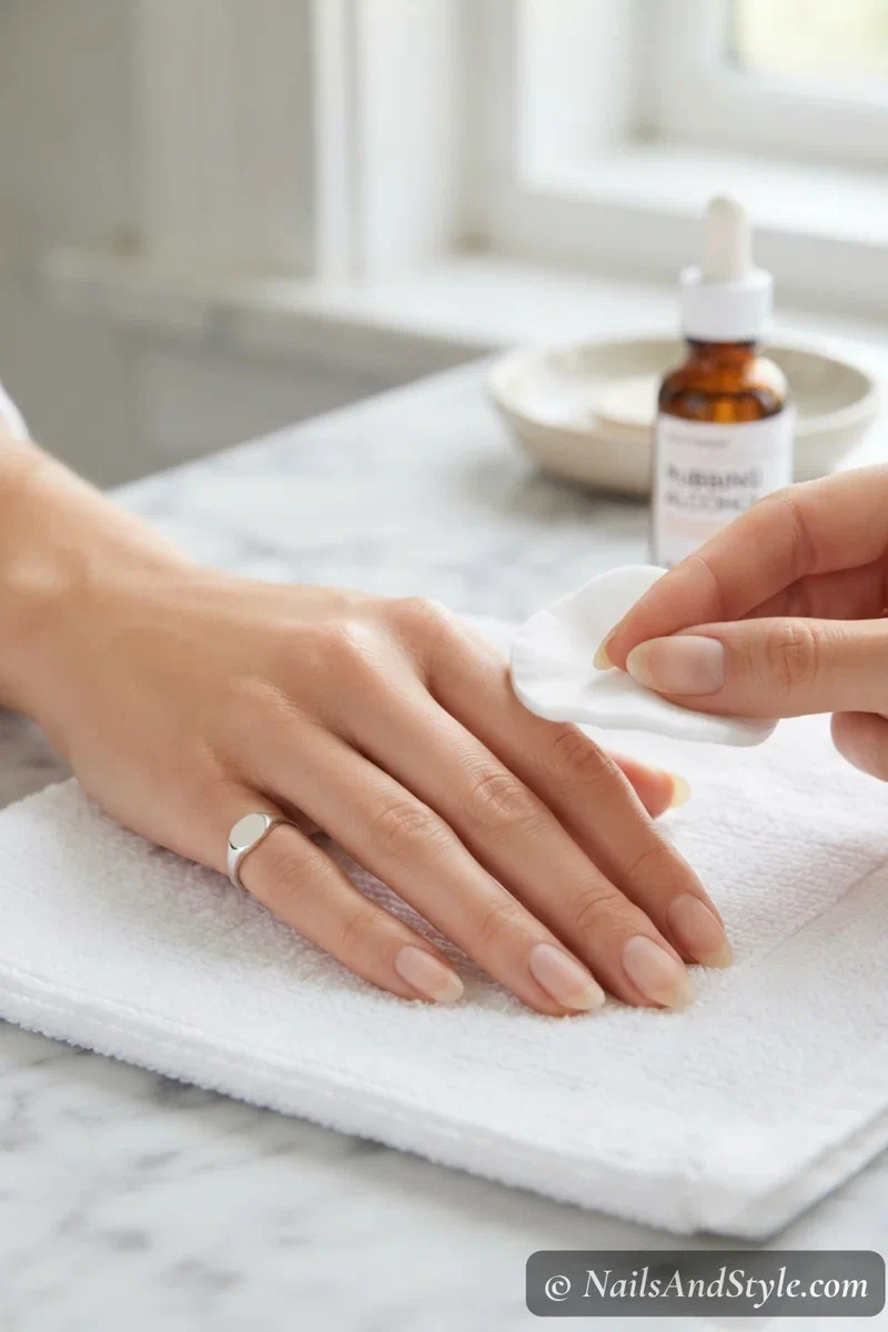 Hand wiping nail with cotton pad to remove oils before polish