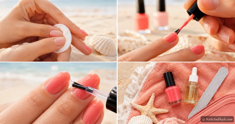 Collage of well-maintained beach nails on a tropical vacation with care products