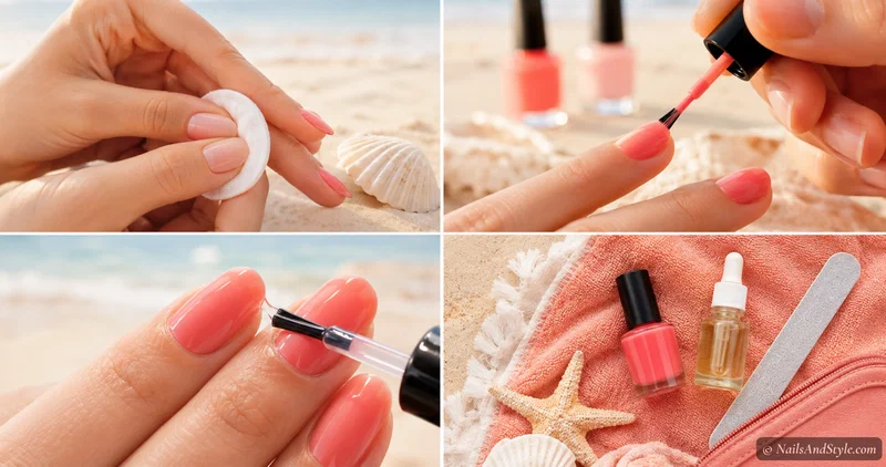 Collage of well-maintained beach nails on a tropical vacation with care products