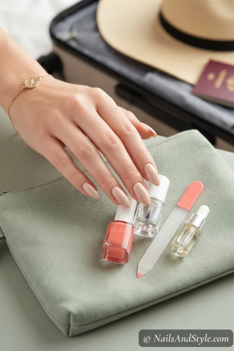 Travel nail repair kit with polish file cuticle oil and top coat