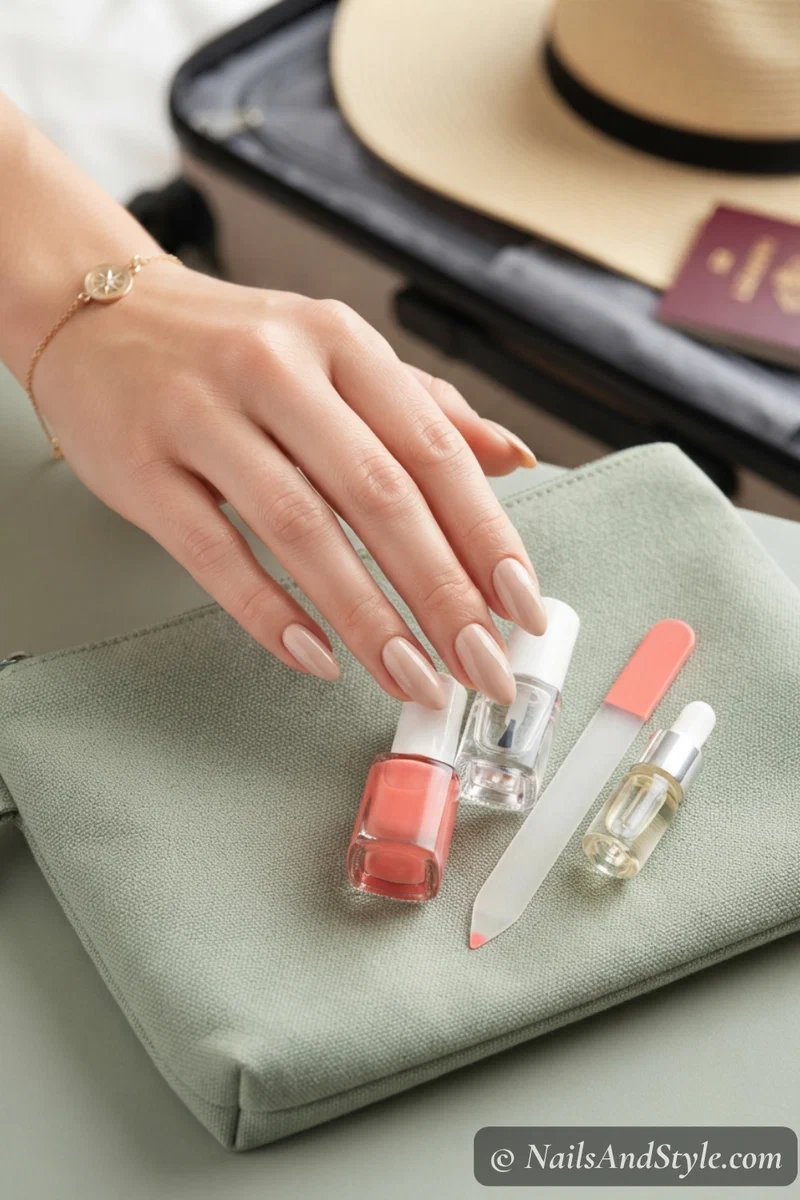 Travel nail repair kit with polish file cuticle oil and top coat