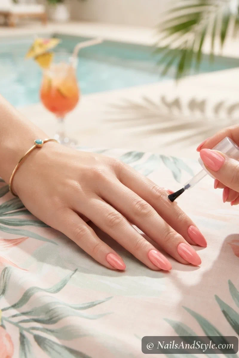Mid-vacation top coat refresh on poolside