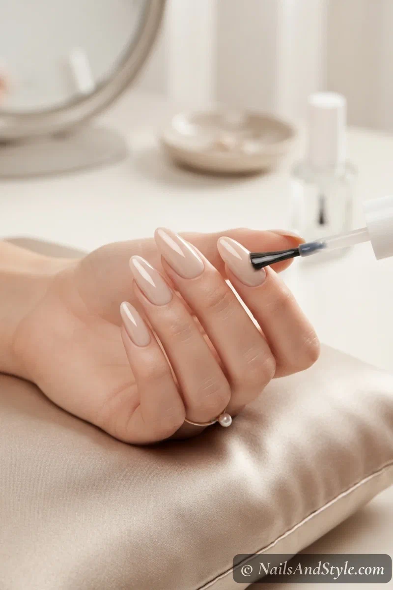 High-shine top coat being applied to finished manicure