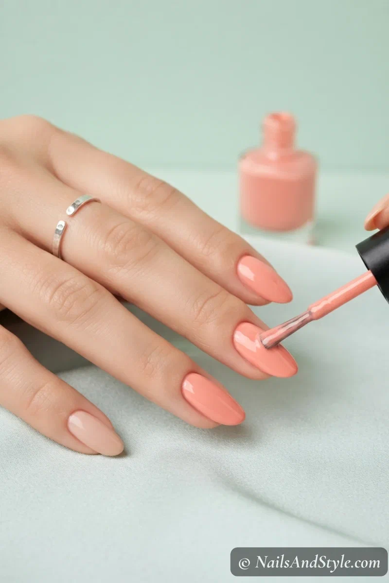 Thin layer of nail polish being brushed onto nail surface