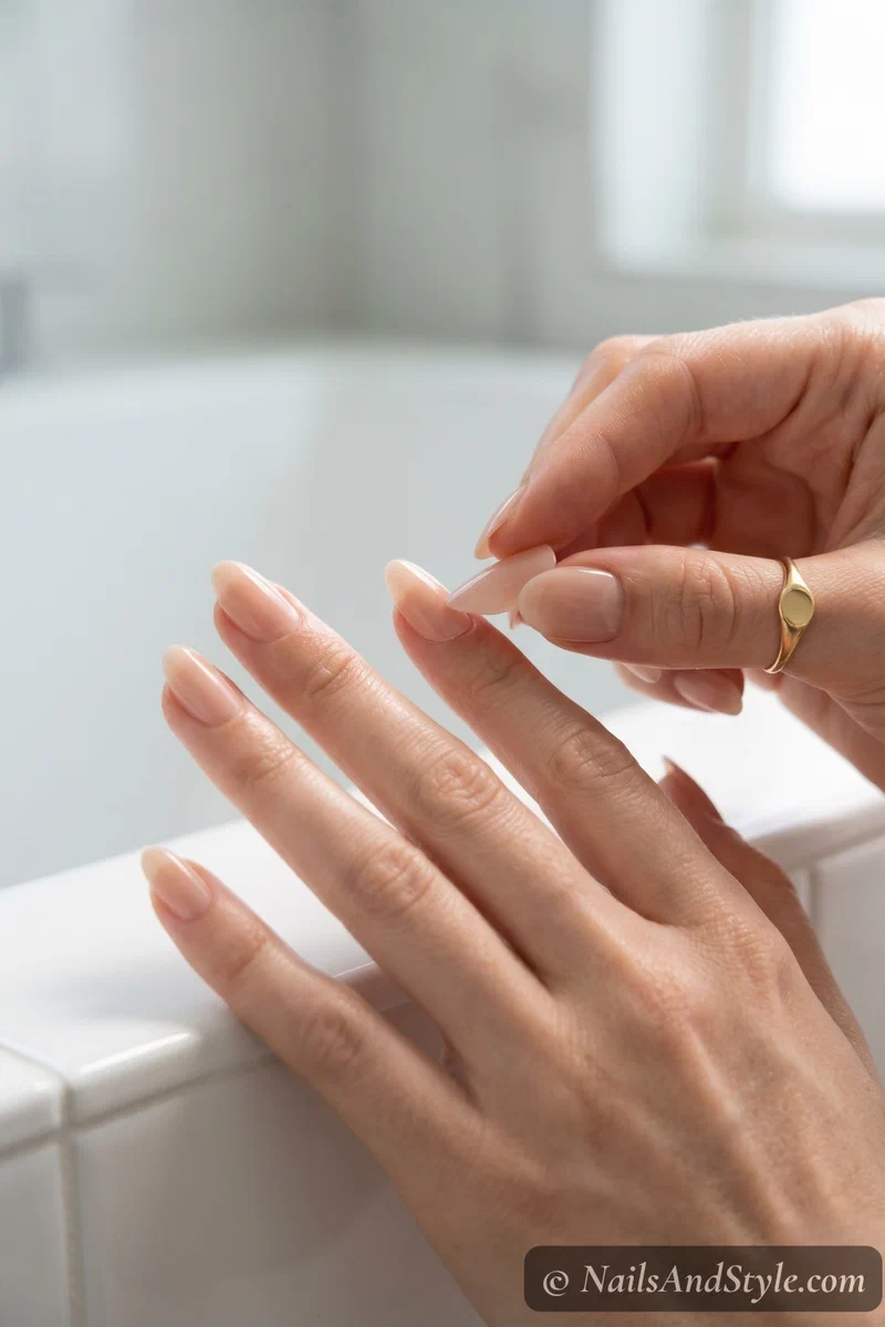Press on nail being applied at a 45-degree angle starting from the cuticle edge and rolling toward the free edge