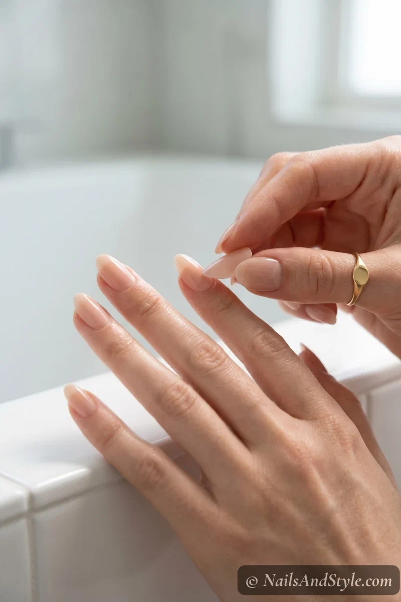Press on nail being applied at a 45-degree angle starting from the cuticle edge and rolling toward the free edge