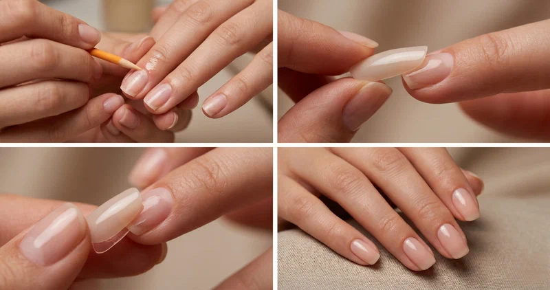 Collage showing the process and result of applying press on nails for a natural salon-quality finish