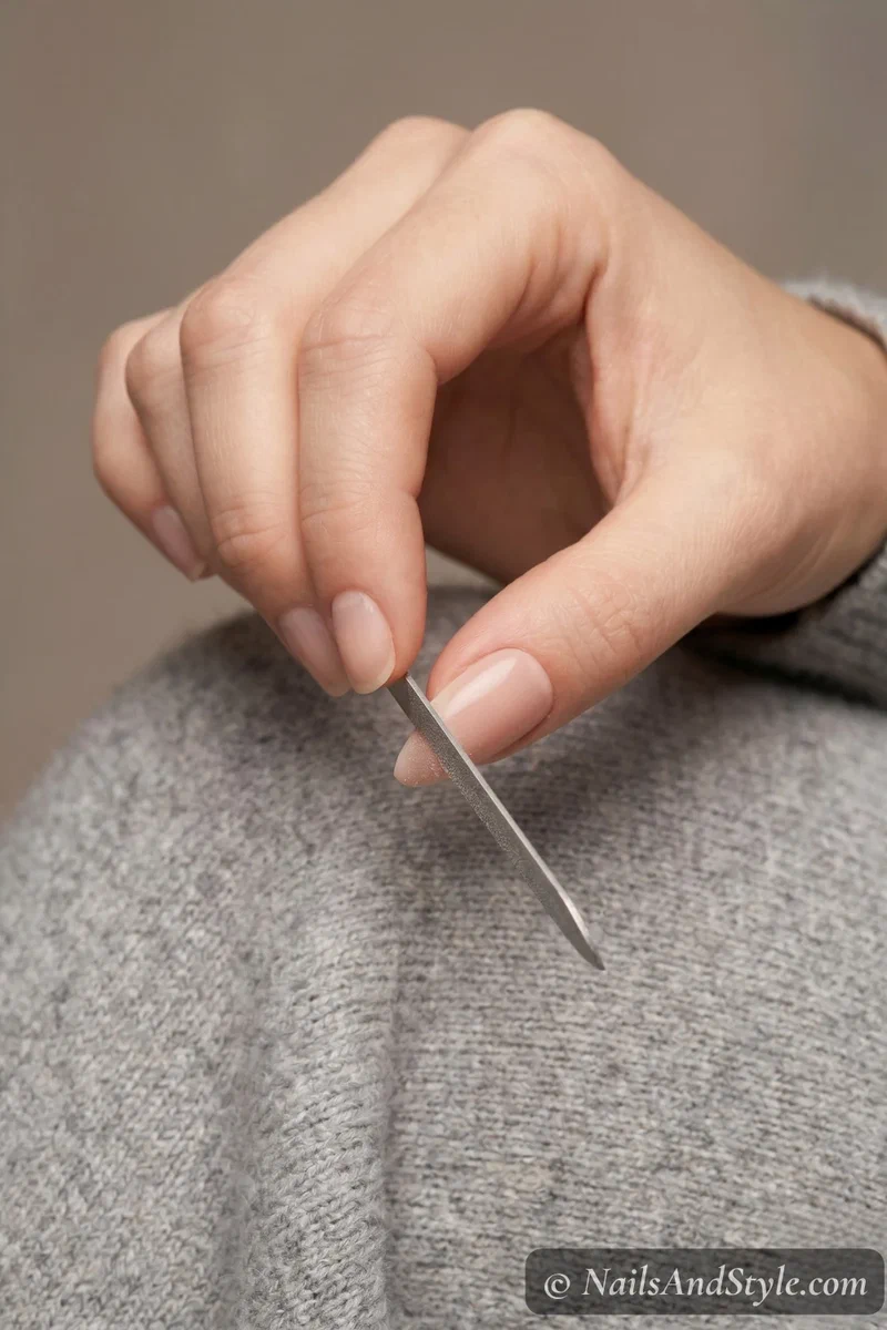 Filing the underside edge of a press on nail with a fine file to create a thin tapered edge for natural blending