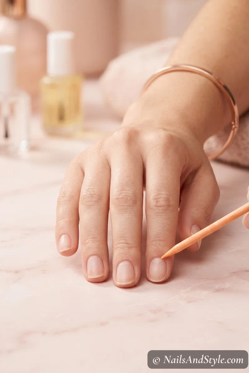 Close-up of cuticles being gently pushed back with an orange wood stick before press on nail application