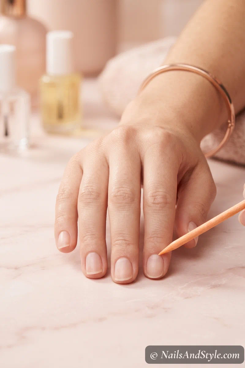 Close-up of cuticles being gently pushed back with an orange wood stick before press on nail application