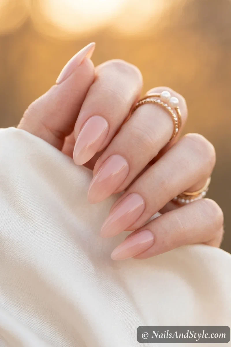 Finished press on nails with sealed edges and glossy top coat showing a natural salon-quality result