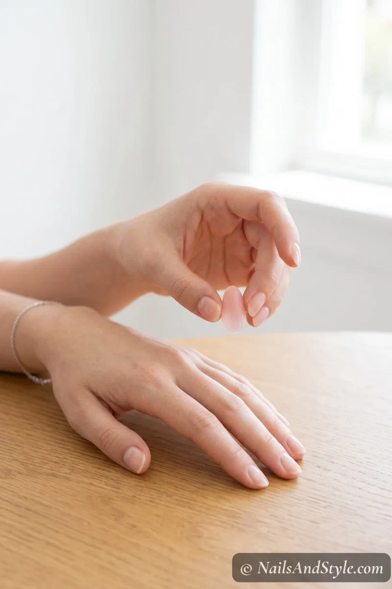 A press on nail being held against a natural nail to check sidewall-to-sidewall fit before application