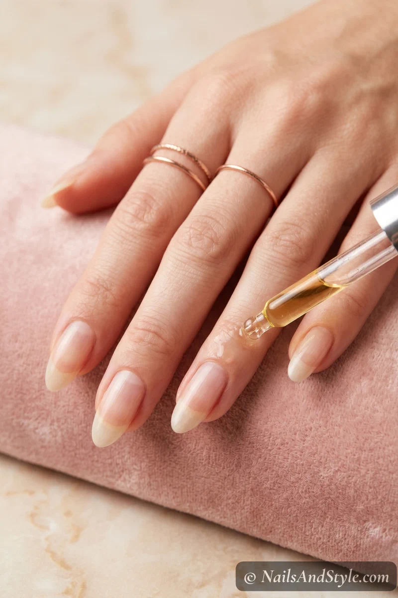 close-up of cuticle oil being massaged into natural nails on a well-groomed hand