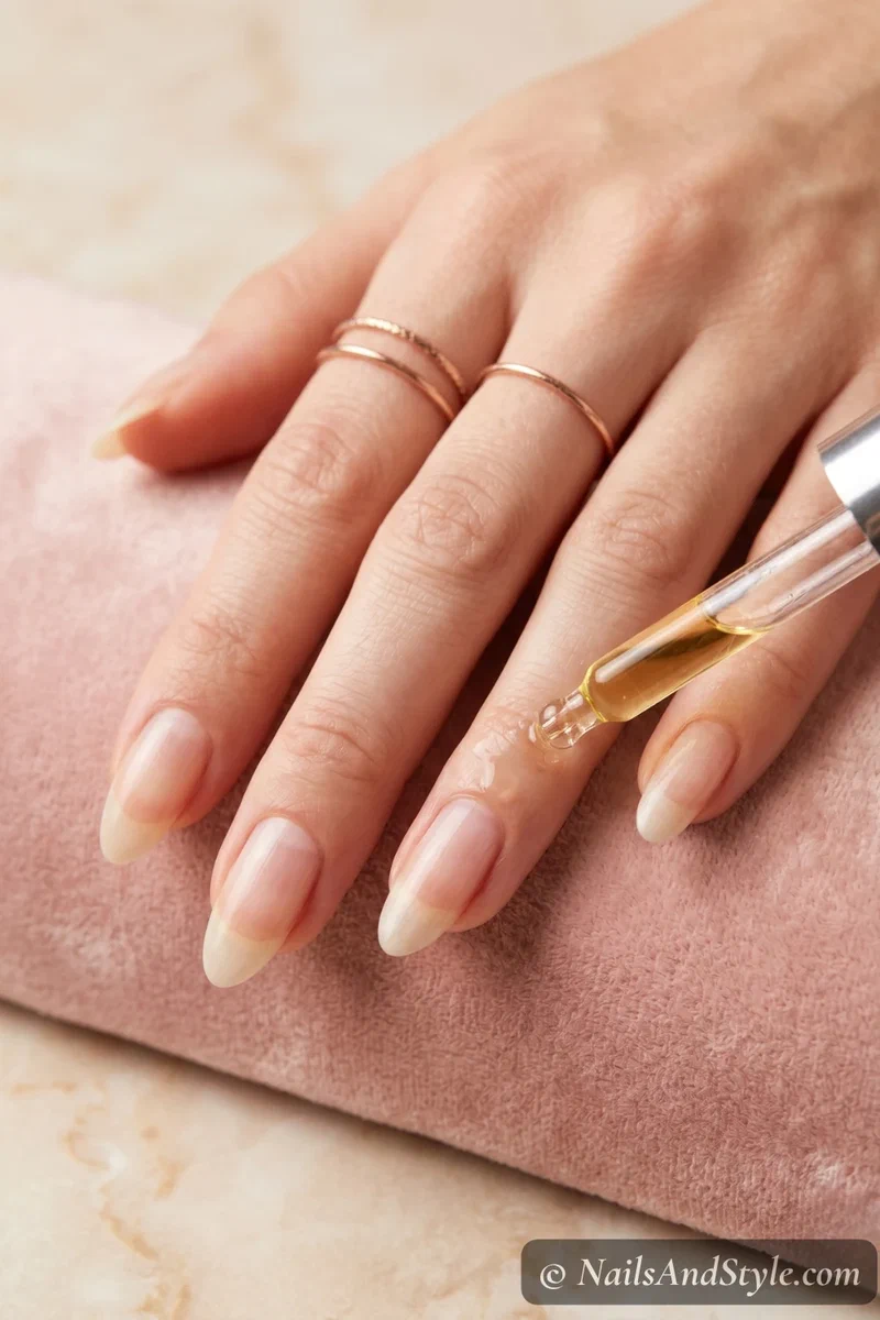 close-up of cuticle oil being massaged into natural nails on a well-groomed hand