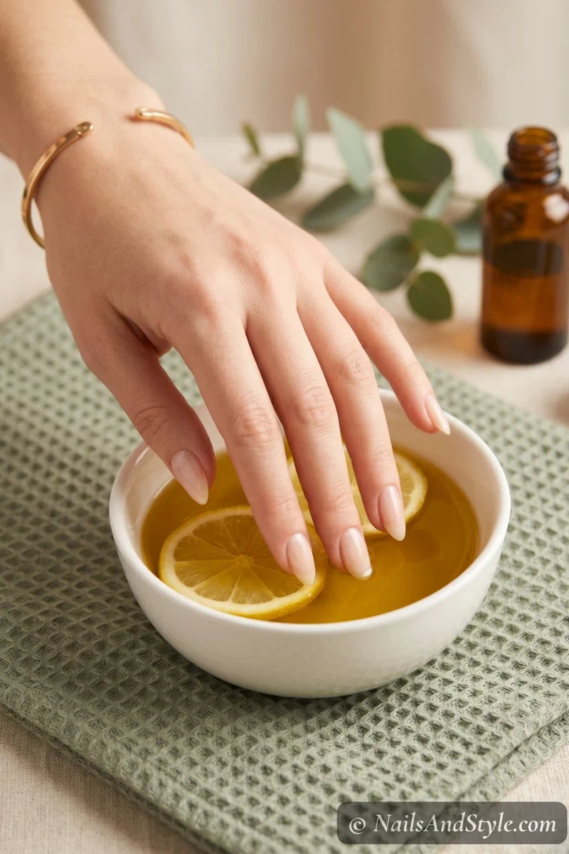 hands soaking in a small ceramic bowl of warm olive oil and lemon slices for nail growth treatment