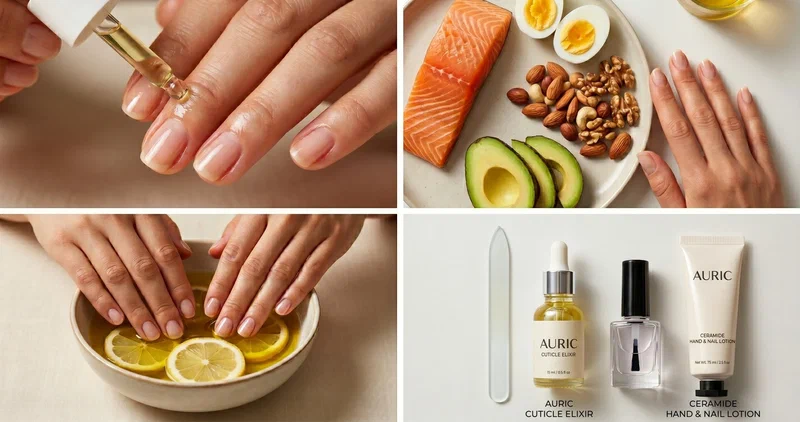 collage of healthy natural nails showcasing nail growth results and care routines