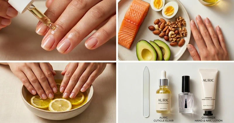 collage of healthy natural nails showcasing nail growth results and care routines