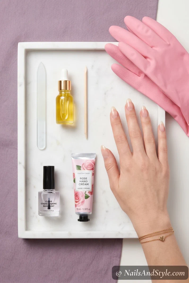 step-by-step flat lay showing nail file cuticle oil base coat and hand cream for a nail growth routine