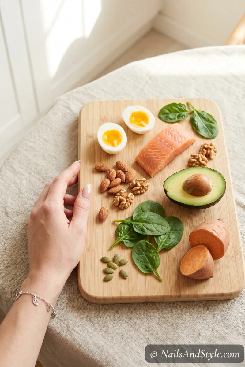 flat lay of biotin-rich foods like eggs salmon nuts and avocado arranged for nail health