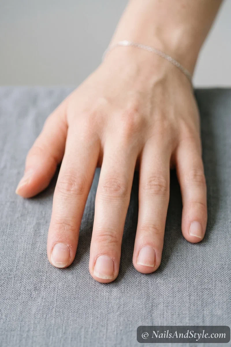 Close-up of natural nails showing signs of dryness and peeling that need strengthening