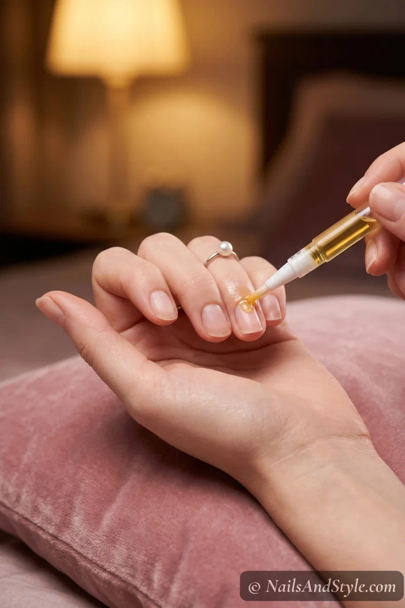 Cuticle oil being applied to natural nails with a small brush for daily nail care