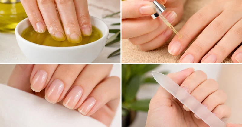 Collage showing natural nail care steps including oil soaks and healthy strong nails
