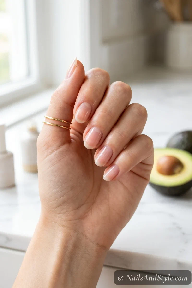 Strong healthy natural nails with a glossy clear coat showing good nail health
