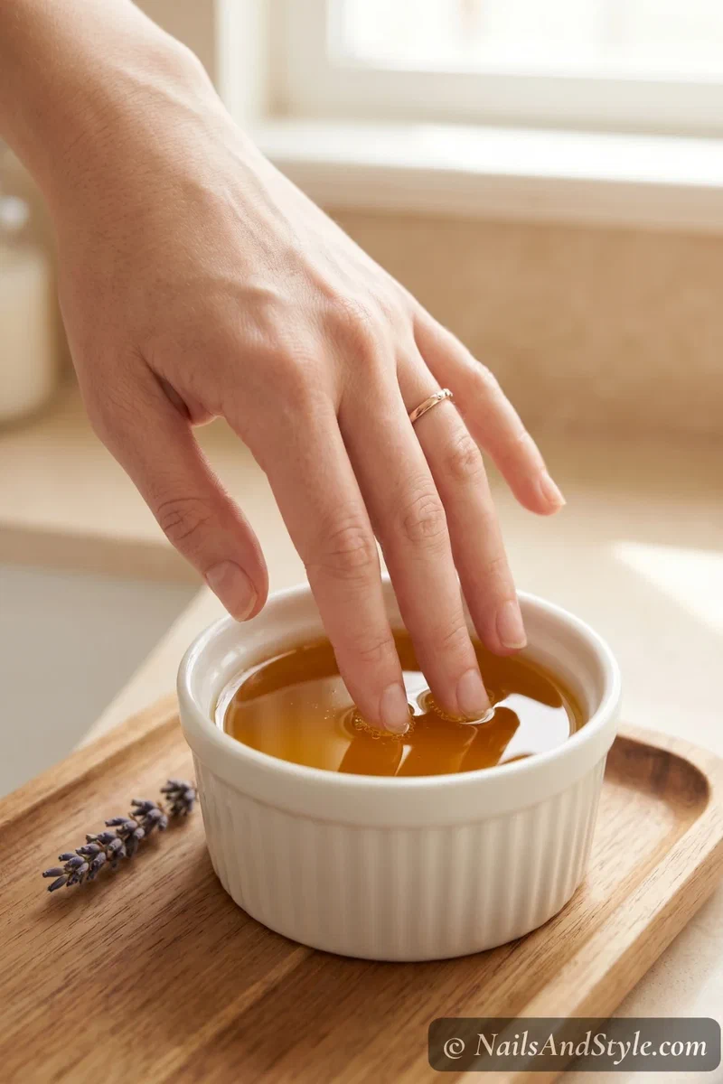 Fingertips soaking in warm olive oil in a small ceramic bowl for nail strengthening