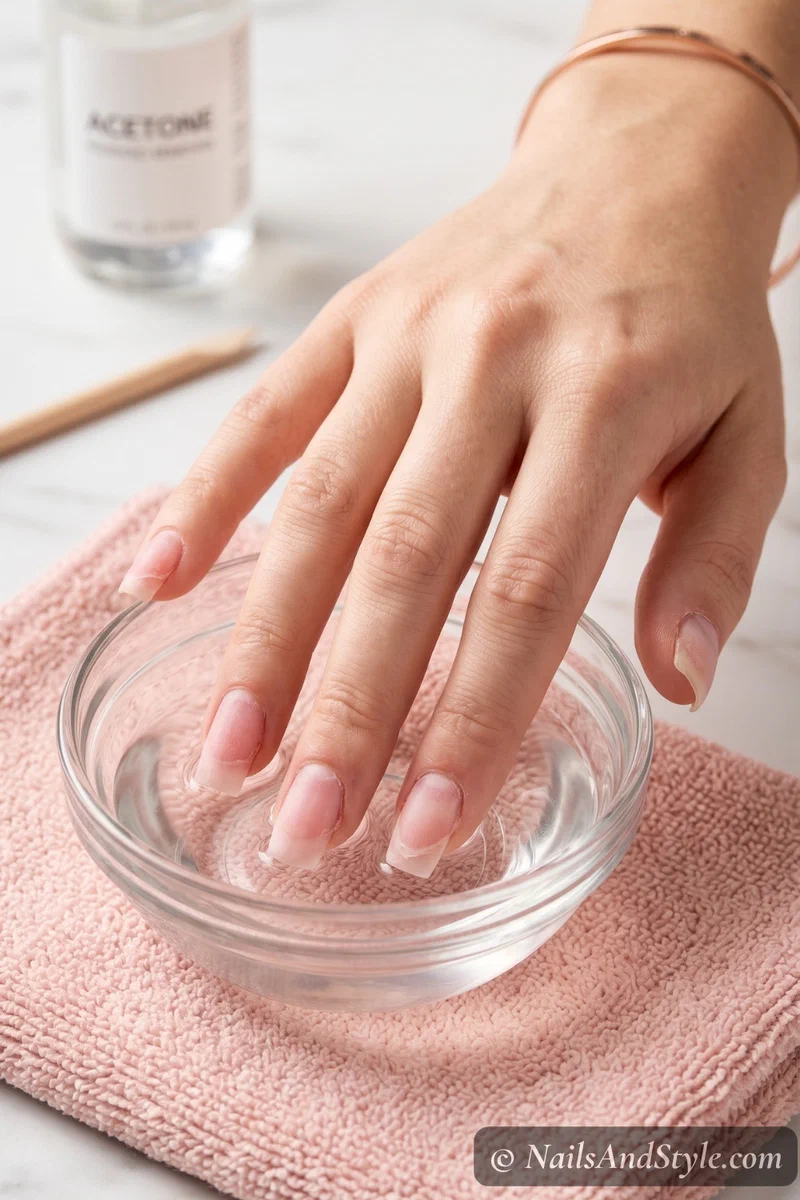 hands soaking in a glass bowl of acetone for acrylic nail removal at home