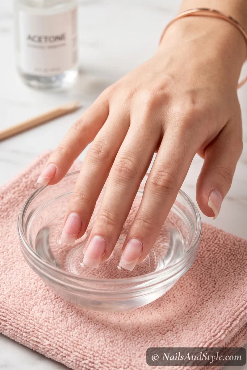 hands soaking in a glass bowl of acetone for acrylic nail removal at home
