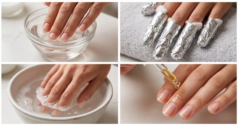 collage showing different methods of safely removing acrylic nails at home including acetone soaking and foil wraps