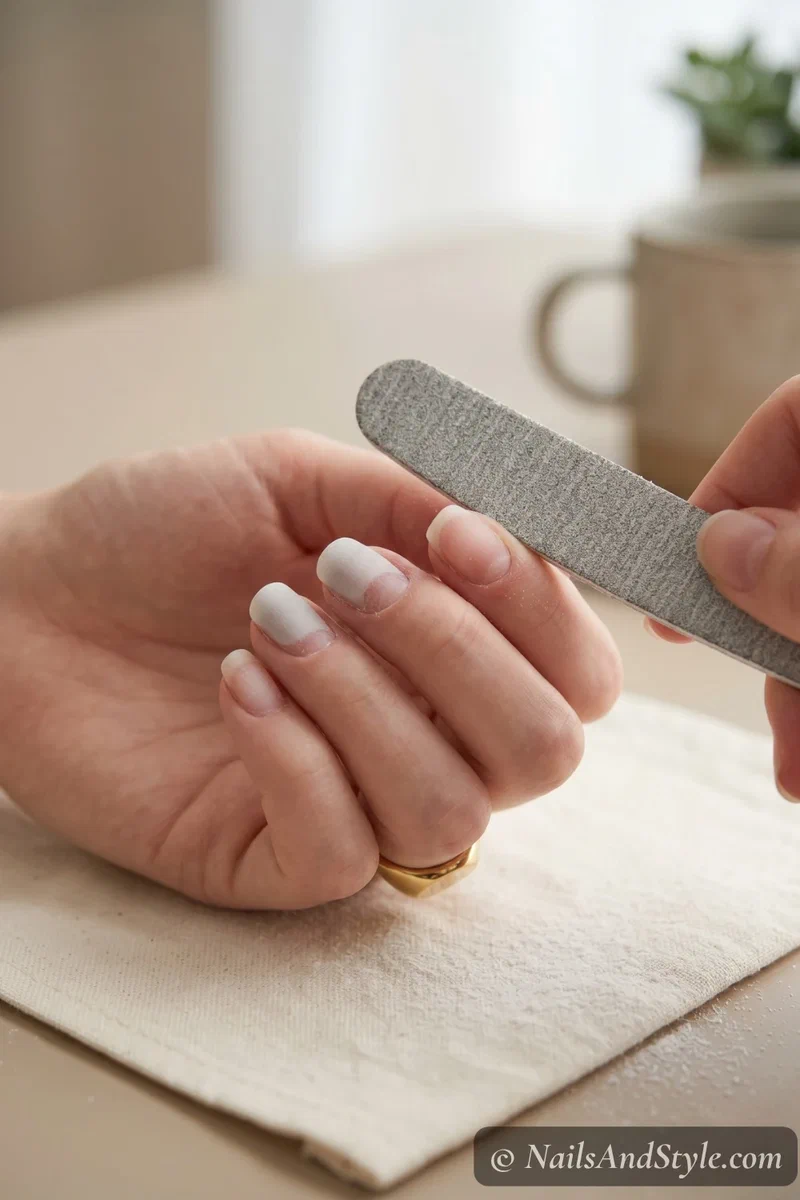 carefully filing down acrylic nails with a coarse nail file for safe at-home removal