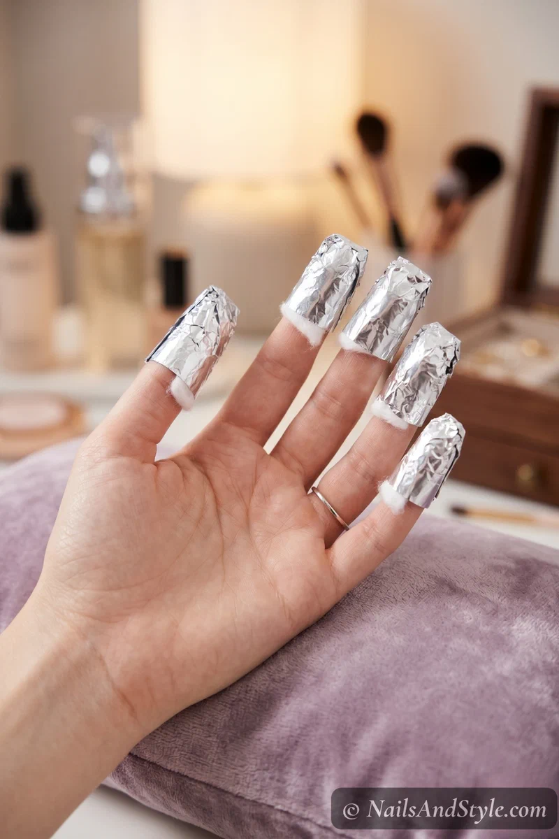 fingers individually wrapped in aluminum foil for targeted acrylic nail removal