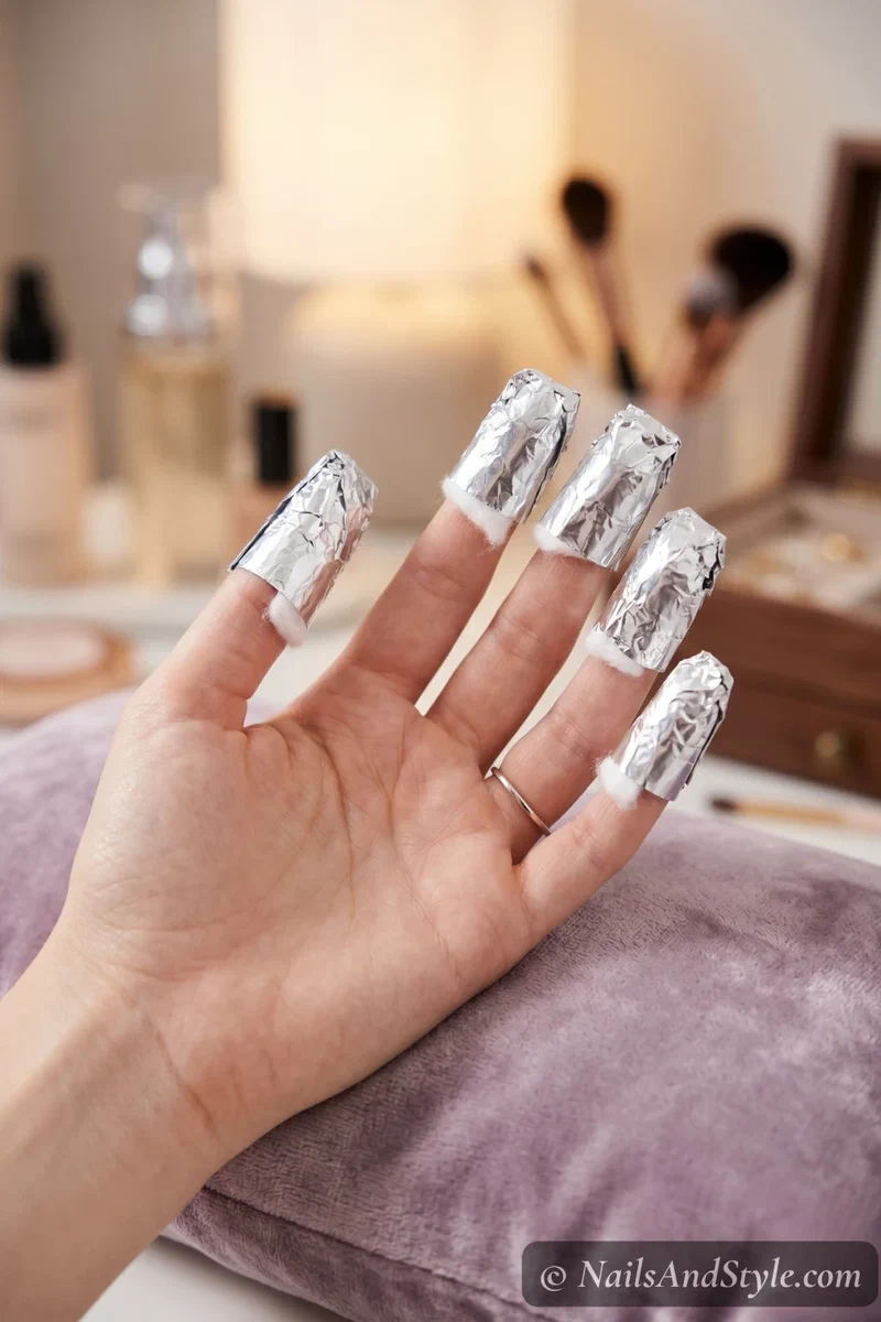 fingers individually wrapped in aluminum foil for targeted acrylic nail removal