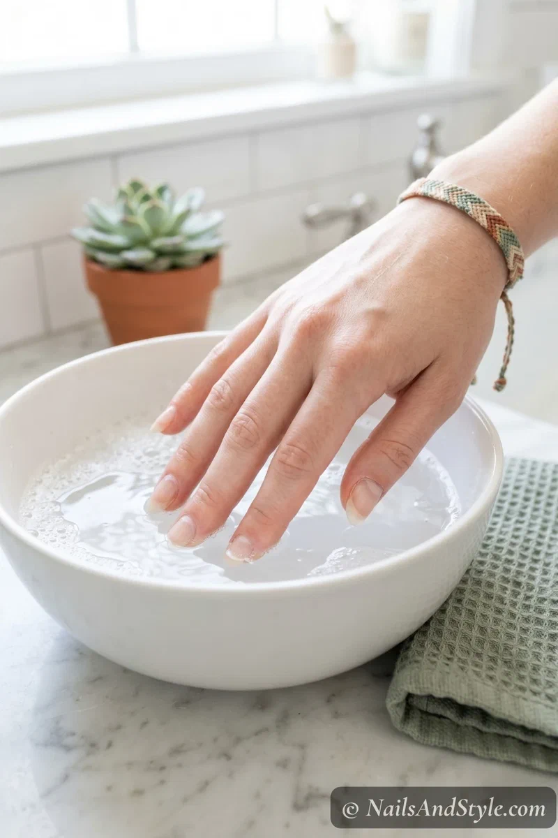 hands soaking in warm soapy water to gently loosen acrylic nails without chemicals