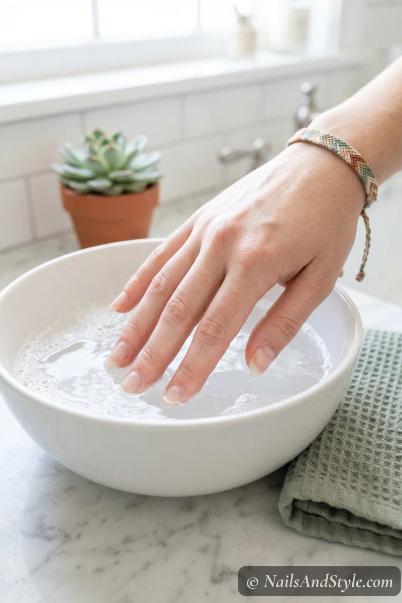 hands soaking in warm soapy water to gently loosen acrylic nails without chemicals