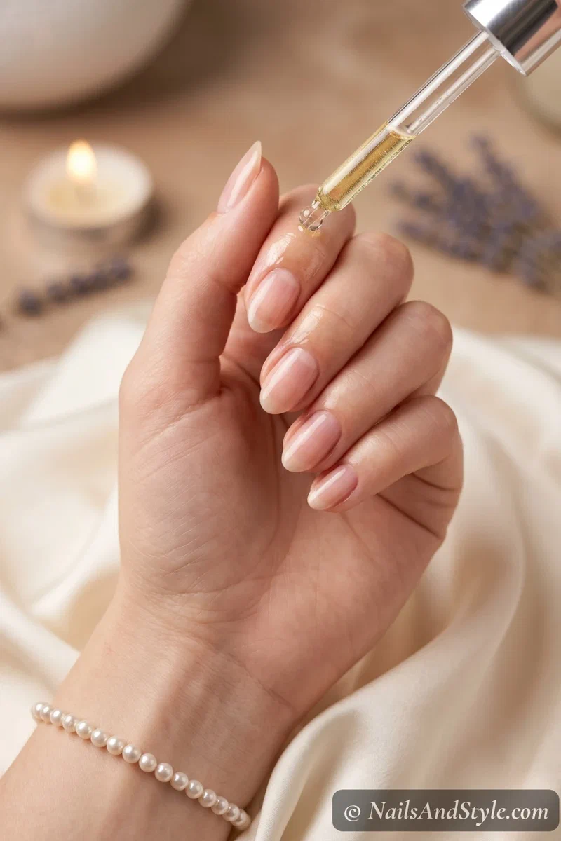 applying cuticle oil to bare natural nails after acrylic removal for recovery and hydration