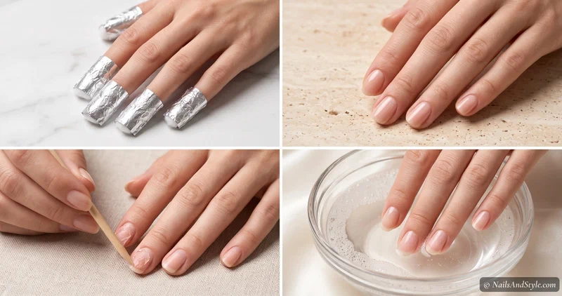 Healthy bare natural nails resting on a marble spa ledge after safe gel polish removal, with cuticle oil nearby