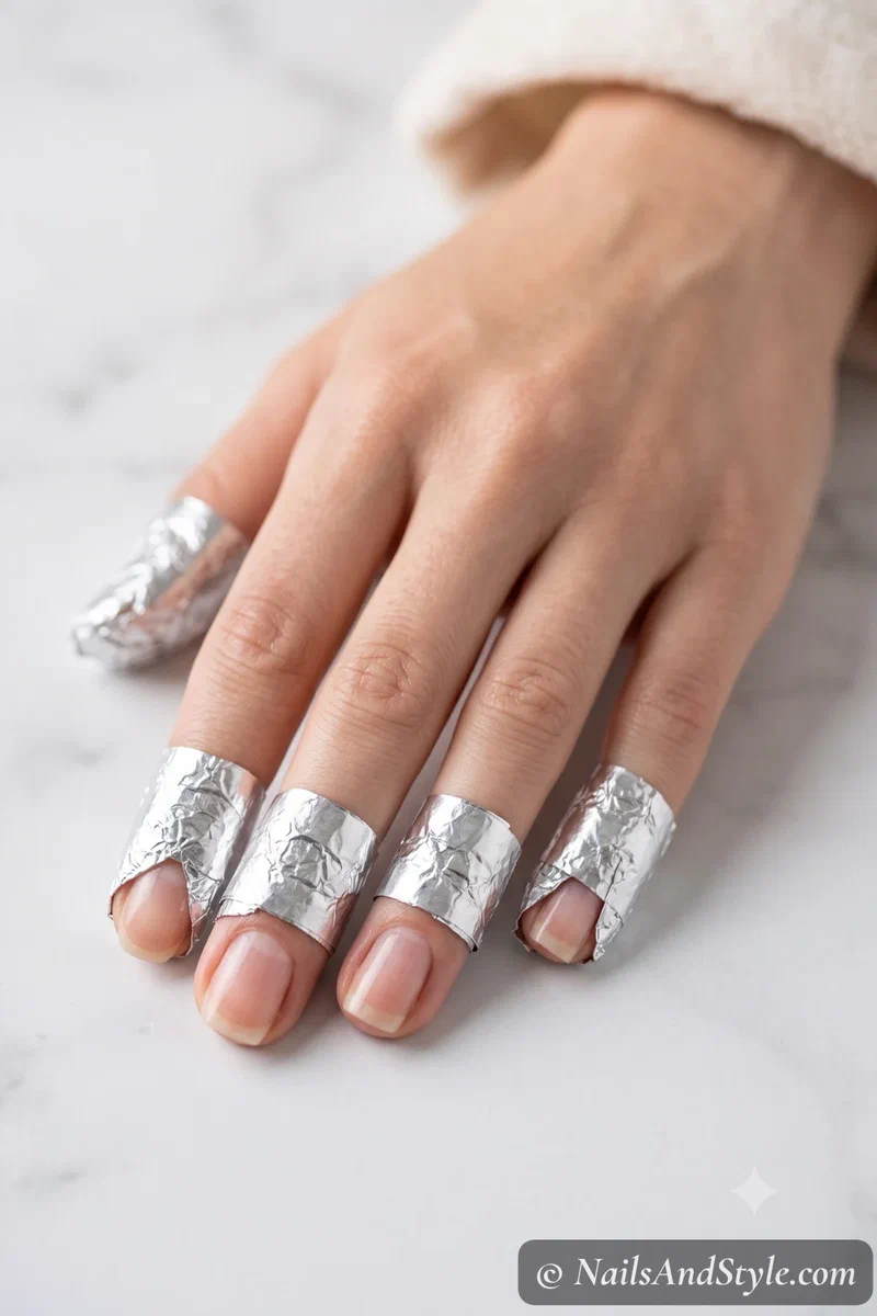 Fingertips wrapped in small squares of aluminum foil with acetone-soaked cotton underneath, soaking off gel polish