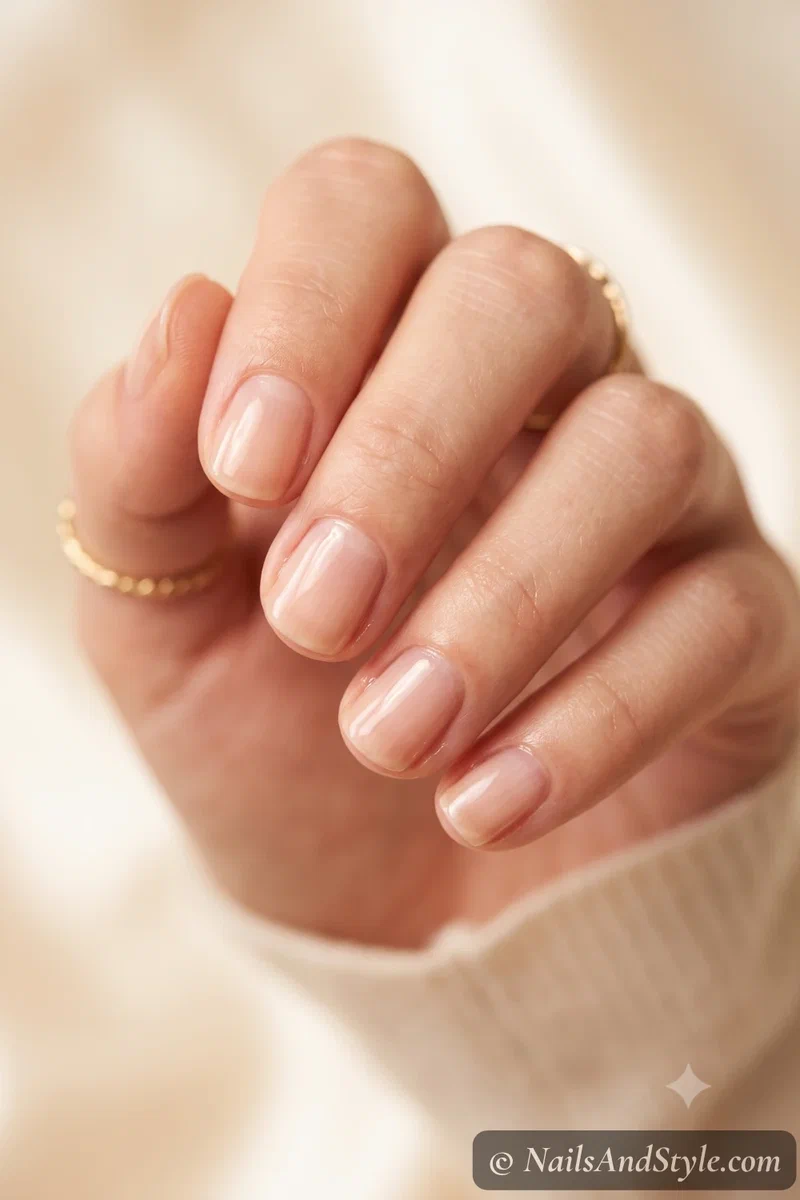 Clean healthy bare natural nails after safe gel removal, freshly buffed with a drop of cuticle oil, soft glossy finish