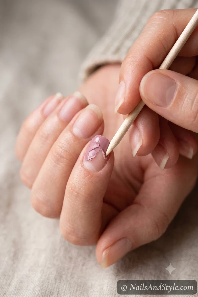Softened gel polish being gently pushed off a nail with a wooden cuticle stick after soaking