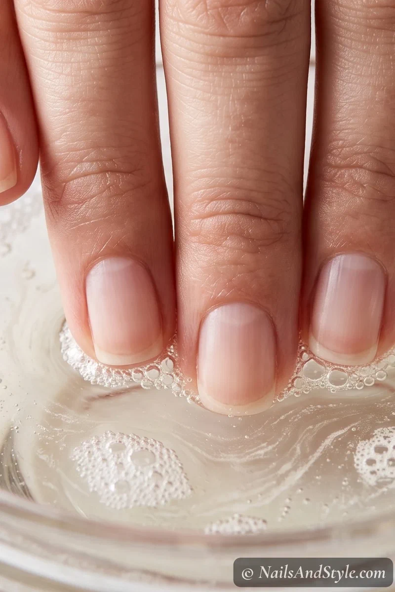 Hand soaking in a bowl of warm soapy water with oil to remove gel polish without acetone