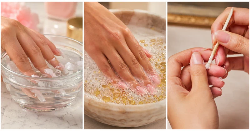 Three methods for removing Glamnetic press-on nails showing remover soak, oil and warm water, and hot water