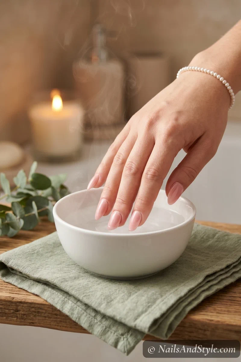 Fingertips soaking in a bowl of hot water to loosen press-on nail adhesive