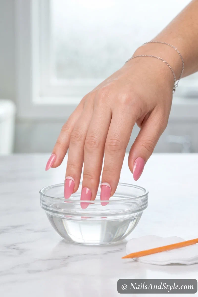 Fingertips soaking in a small bowl of nail glue remover to loosen Glamnetic press-on nails