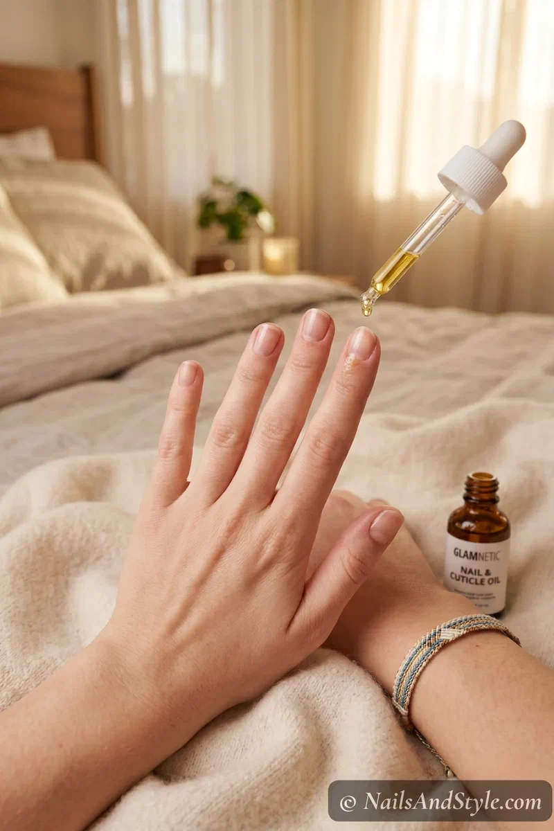 Applying cuticle oil to clean natural nails after removing press-on nails