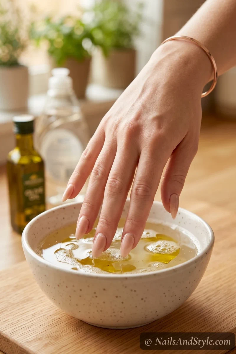 Hand soaking in a bowl of warm soapy water with olive oil to gently remove press-on nails